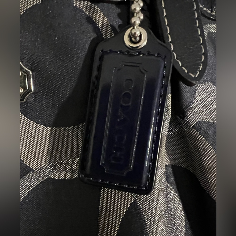 Coach Navy Blue & Silver Signature Jacquard Tote. Navy Blue Leather& Handles - Picture 2 of 13